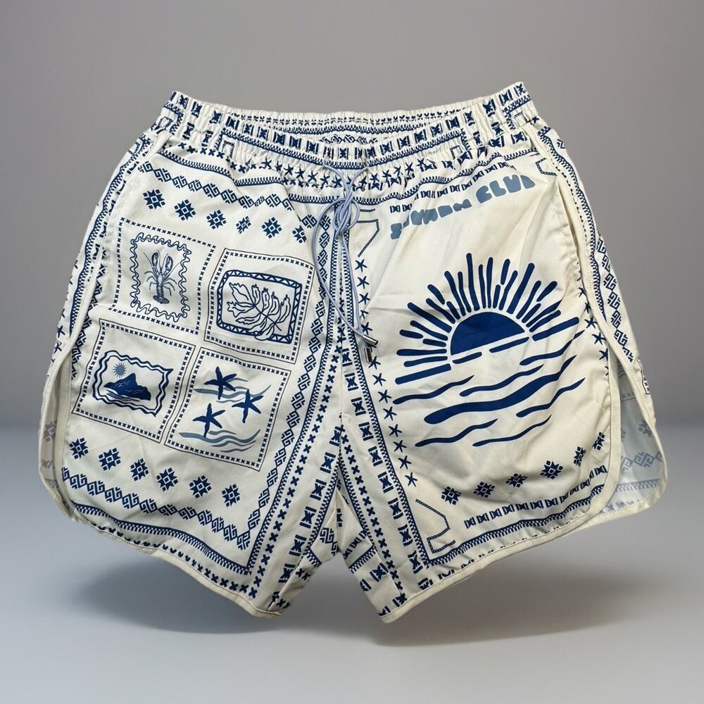 Mens Sun Club Swim Trunks XS Blue White Resort Print Lined Shorts -576
